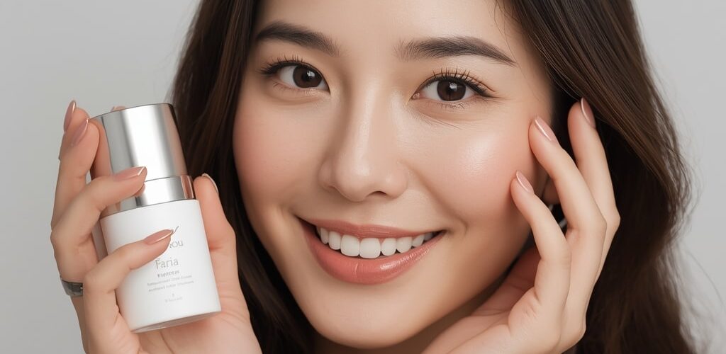 Smiling Korean woman holding a serum bottle, glowing skin after following Korean skincare routine