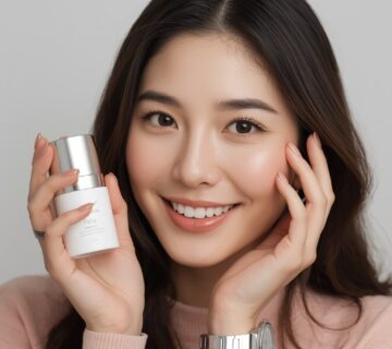 Smiling Korean woman holding a serum bottle, glowing skin after following Korean skincare routine