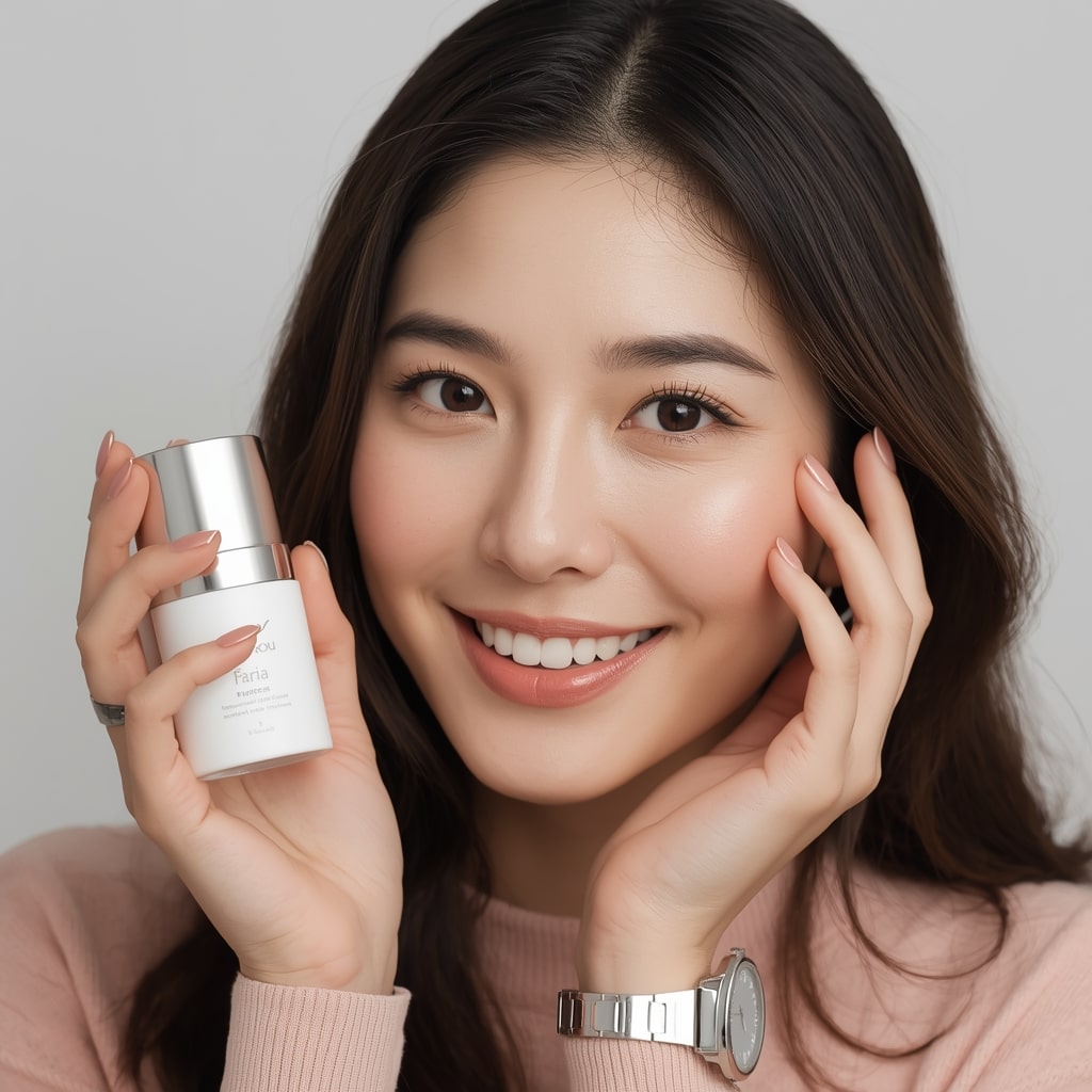 Smiling Korean woman holding a serum bottle, glowing skin after following Korean skincare routine