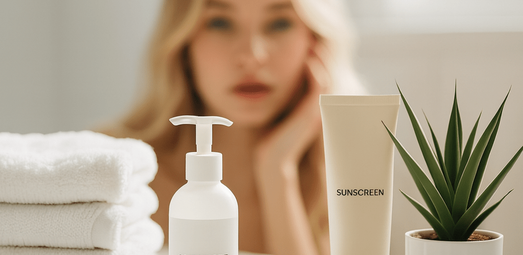 Minimalist basic skincare routine with cleanser, moisturizer, and sunscreen on a clean bathroom counter.