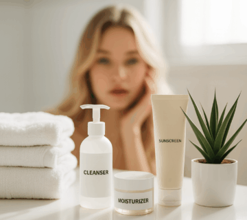 Minimalist basic skincare routine with cleanser, moisturizer, and sunscreen on a clean bathroom counter.