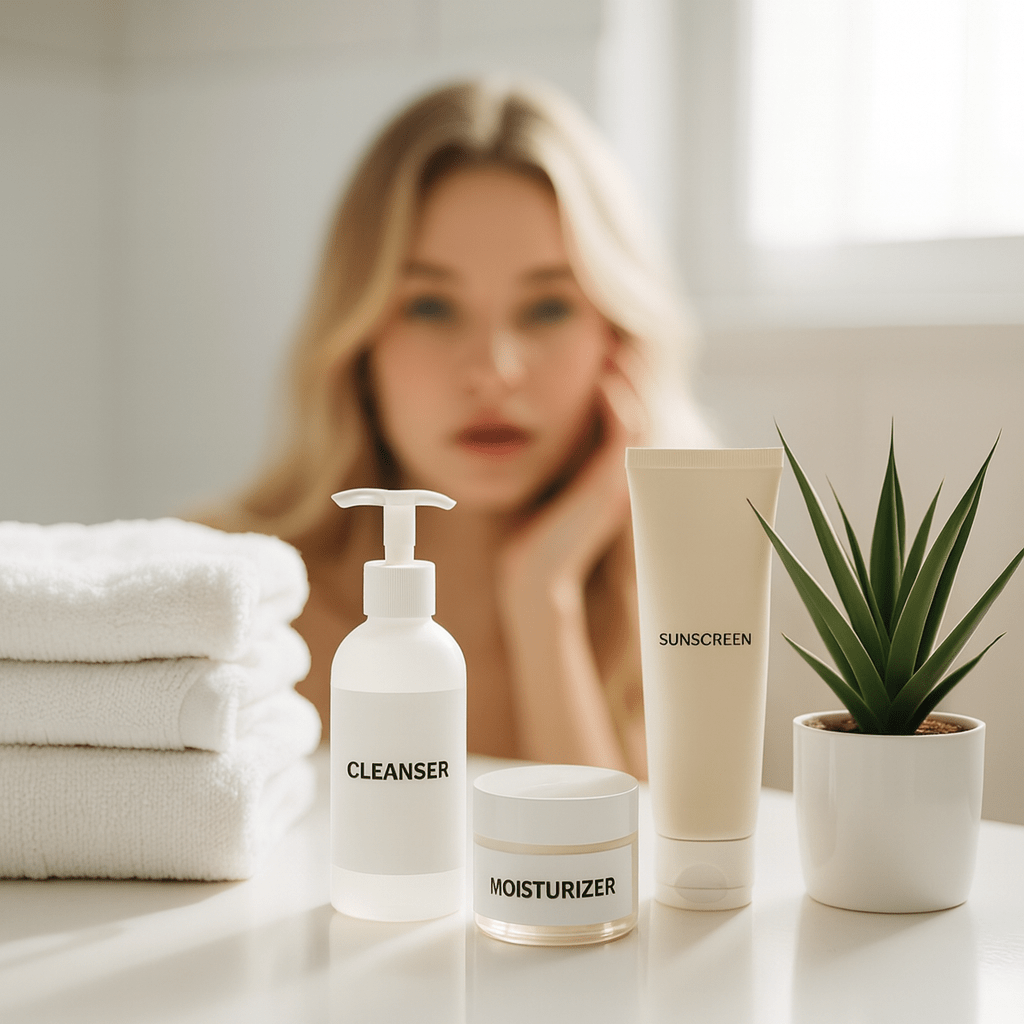 Minimalist basic skincare routine with cleanser, moisturizer, and sunscreen on a clean bathroom counter.