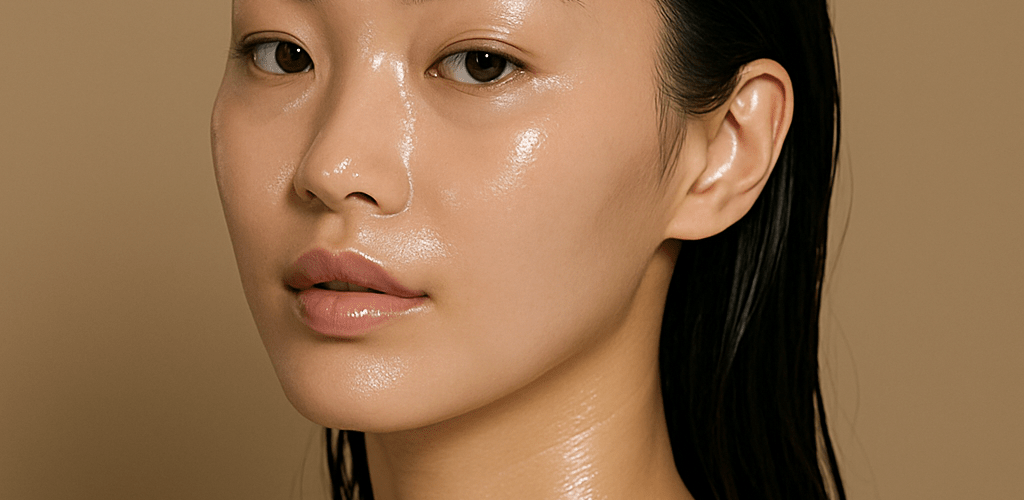 Korean woman with radiant glass skin after skincare mask treatment, hair slicked back