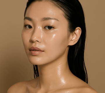 Korean woman with radiant glass skin after skincare mask treatment, hair slicked back