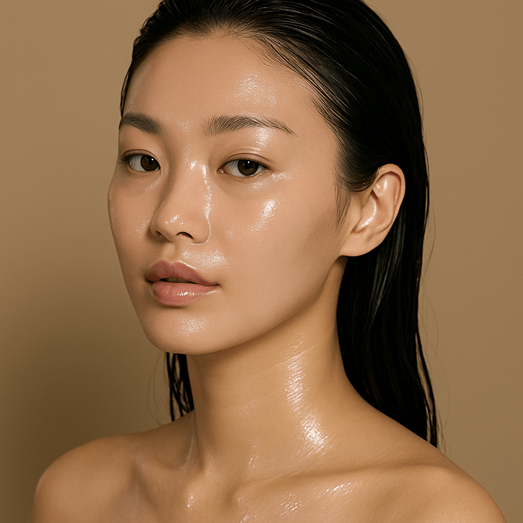 Korean woman with radiant glass skin after skincare mask treatment, hair slicked back