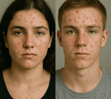 Teenage girl and boy with visible acne on face during puberty skin changes