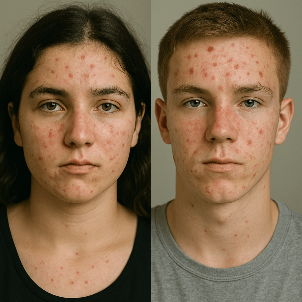 Teenage girl and boy with visible acne on face during puberty skin changes
