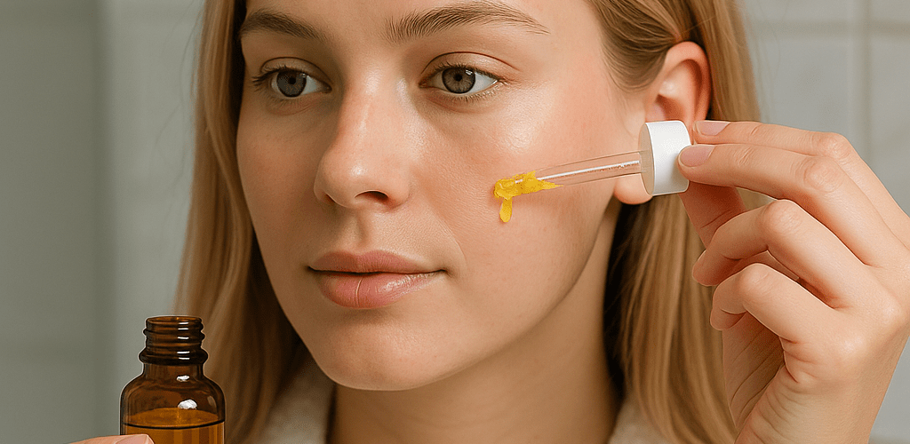 Blonde woman applying retinal serum to her cheek in a bathroom.