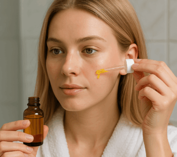 Blonde woman applying retinal serum to her cheek in a bathroom.
