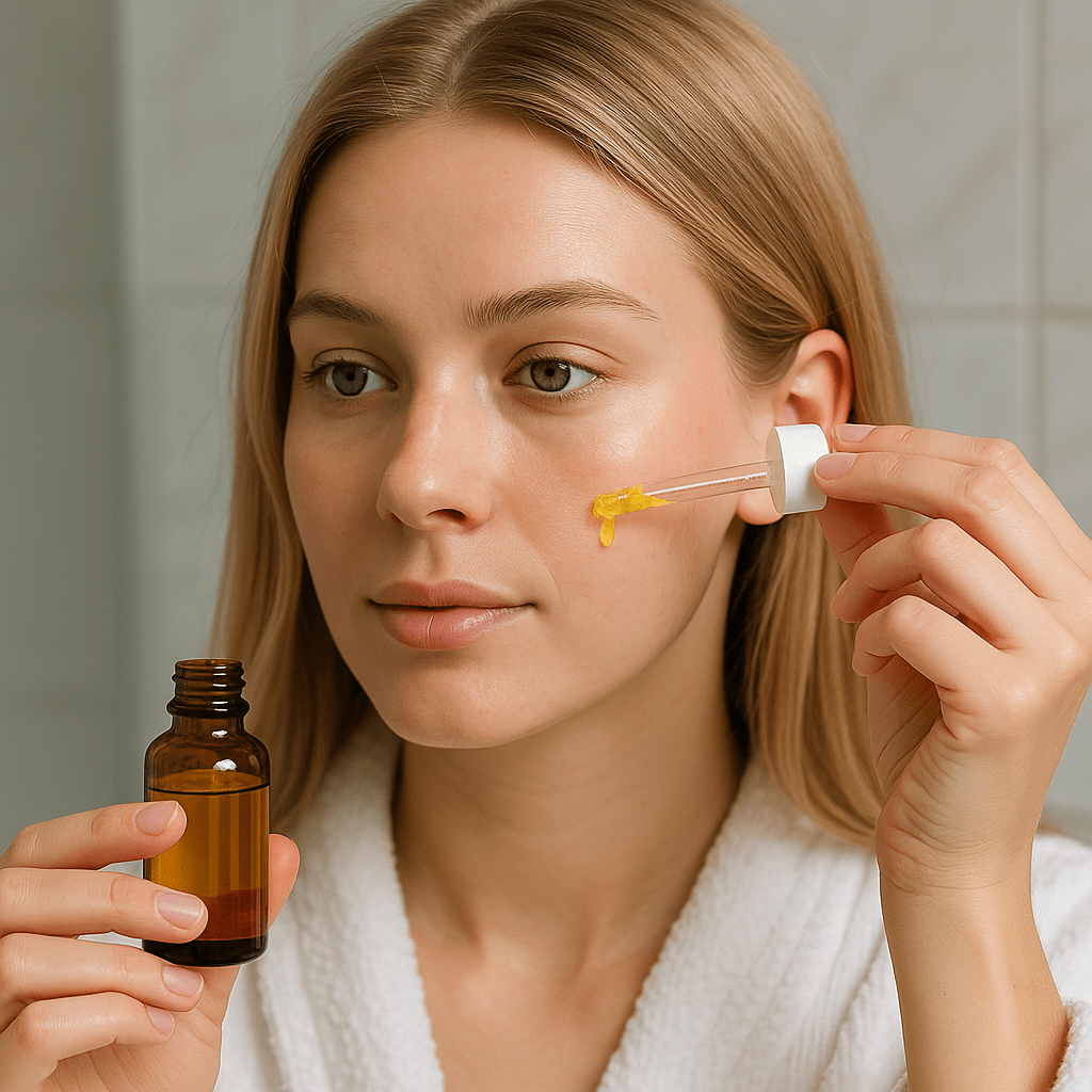 Blonde woman applying retinal serum to her cheek in a bathroom.