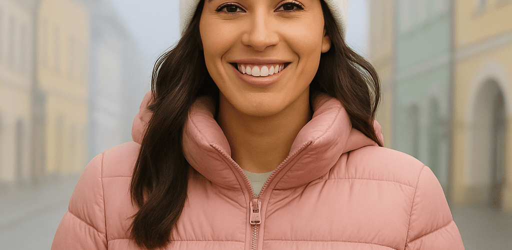 Woman dressed for cold weather in a pink puffer jacket and white beanie, smiling on a foggy winter street – showcasing healthy winter skincare results.