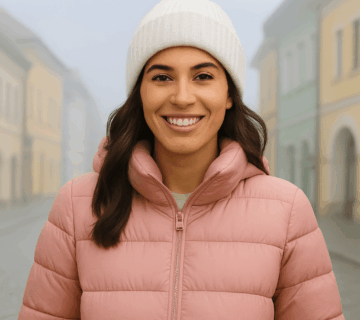 Woman dressed for cold weather in a pink puffer jacket and white beanie, smiling on a foggy winter street – showcasing healthy winter skincare results.