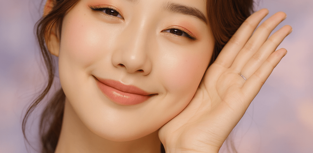 Woman demonstrating a gentle sleep gesture during Skin Cycling routine using Korean skincare.