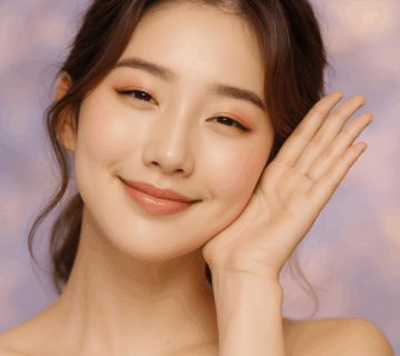 Woman demonstrating a gentle sleep gesture during Skin Cycling routine using Korean skincare.