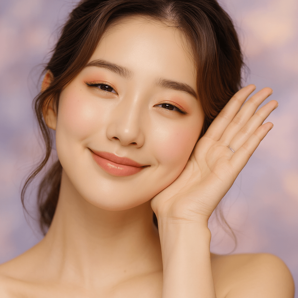 Woman demonstrating a gentle sleep gesture during Skin Cycling routine using Korean skincare.