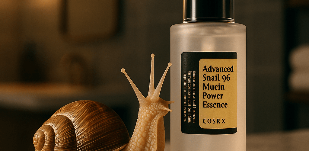 COSRX Advanced Snail 96 Mucin Power Essence with a real snail in a modern bathroom setting, highlighting the natural origins of snail mucin Korean skincare.
