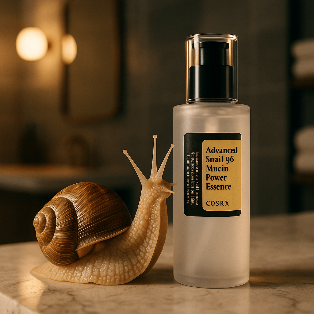 COSRX Advanced Snail 96 Mucin Power Essence with a real snail in a modern bathroom setting, highlighting the natural origins of snail mucin Korean skincare.