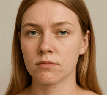 Young woman with mild chin acne and visible breakouts on chin and jawline.