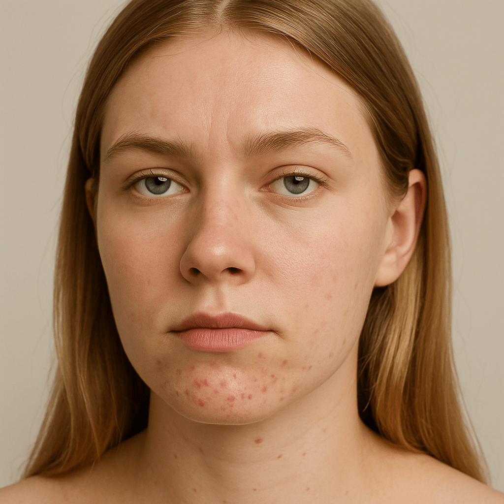 Young woman with mild chin acne and visible breakouts on chin and jawline.
