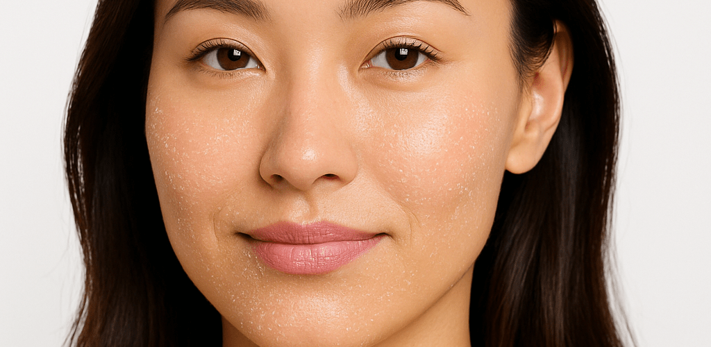 Close-up of a Korean woman with dry, flaky skin on cheeks and lips, illustrating the need for the best moisturiser for dry skin.