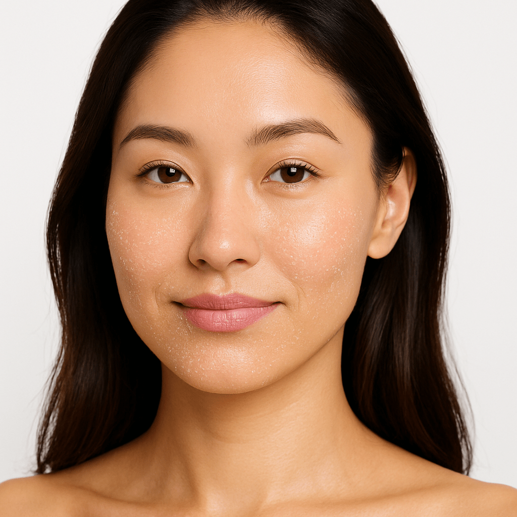 Close-up of a Korean woman with dry, flaky skin on cheeks and lips, illustrating the need for the best moisturiser for dry skin.